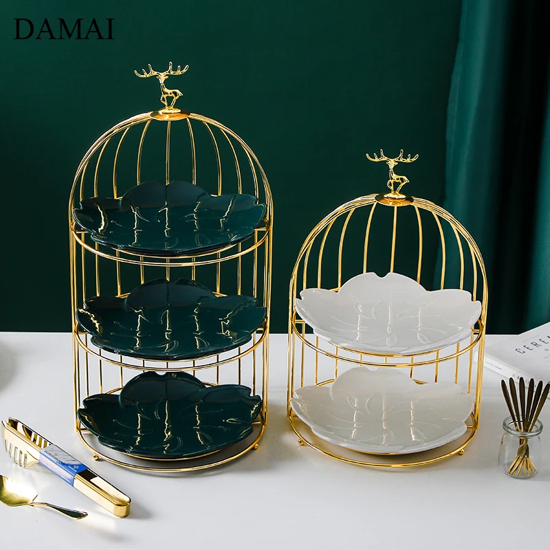 Golden Deer Decorative Cake Stand Creative Three Layers Bird Cage Iron Frame Dessert Display Plates Afternoon Tea Decoration