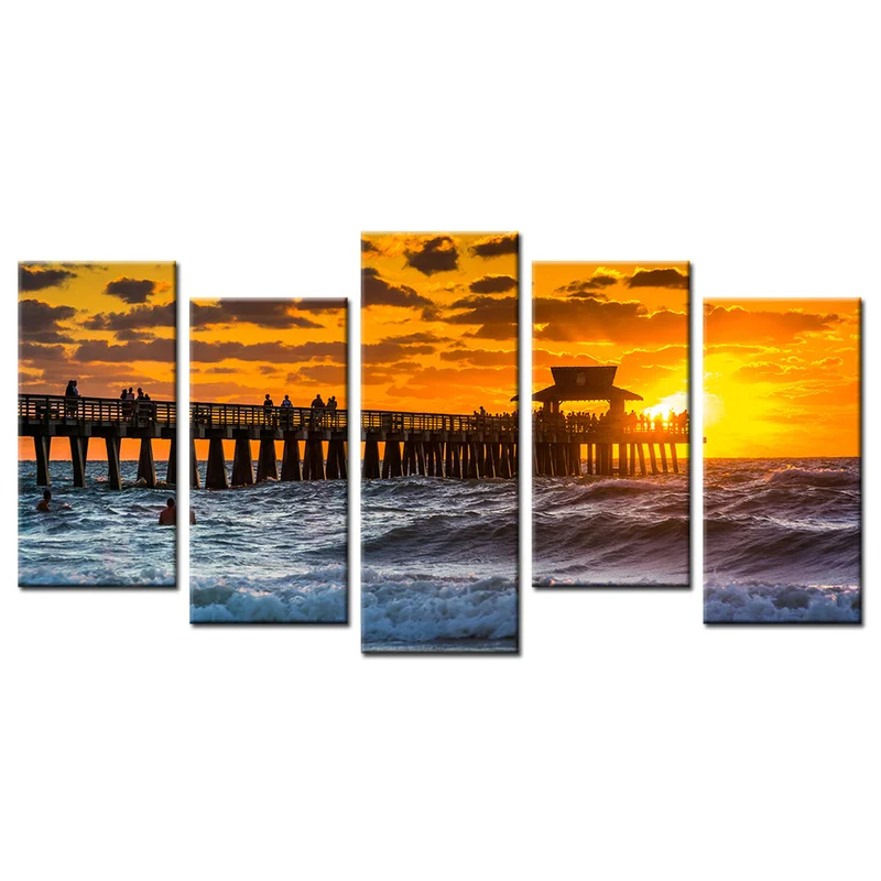 

5 Pieces Sunset Over Ocean Home Decor Poster Bridge on The Sea Canvas Painting Modern Style Picture Living Room Wall Art