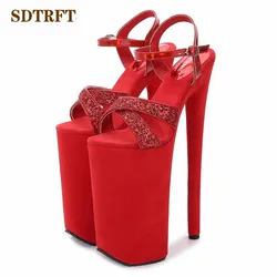 SDTRFT czerwony 10 cal fetysz cekiny sandały 26cm na cienkim obcasie pompy platformy kobiety Walking Show artefakt Model buty zapatos mujer