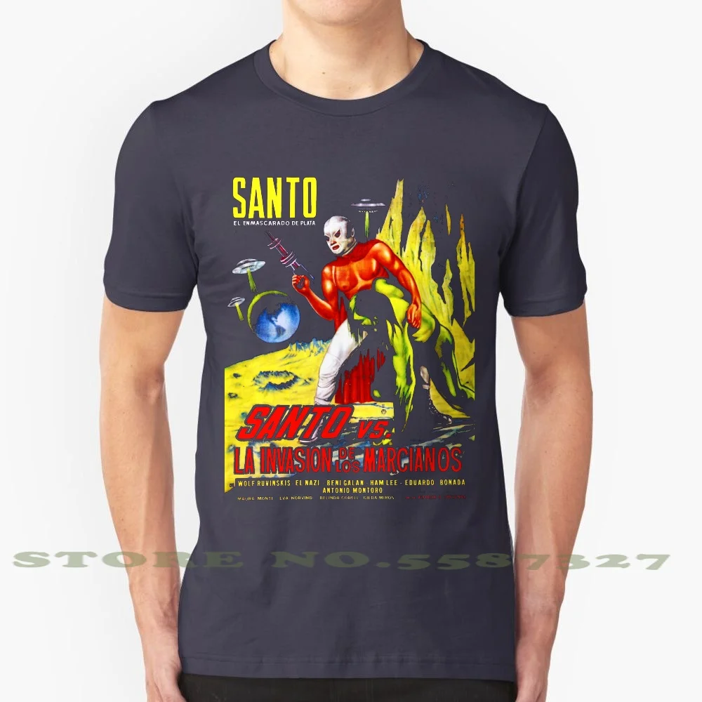 Santo Vs. The Invasion Of The Martians! '67 100% Pure Cotton T-Shirt Lucha Libre Santo Underground Blue Demon Rey Mysterio