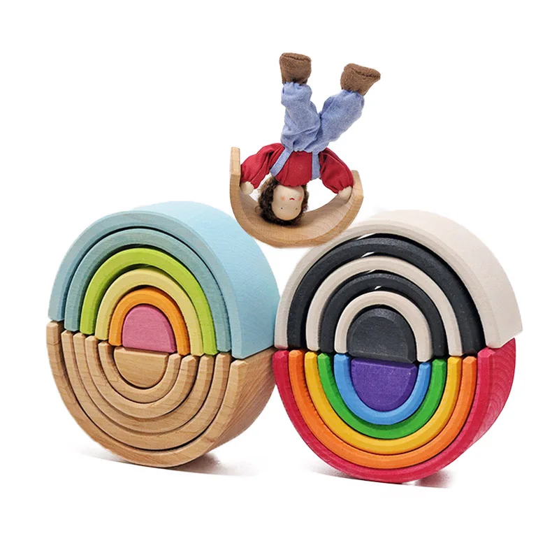 

Mini 6 Pieces Macaron Handmade Rainbow Stacker Nesting Puzzle Toys Tunnel Stacking Game Montessori Toys Baby Wooden Toddler Toy