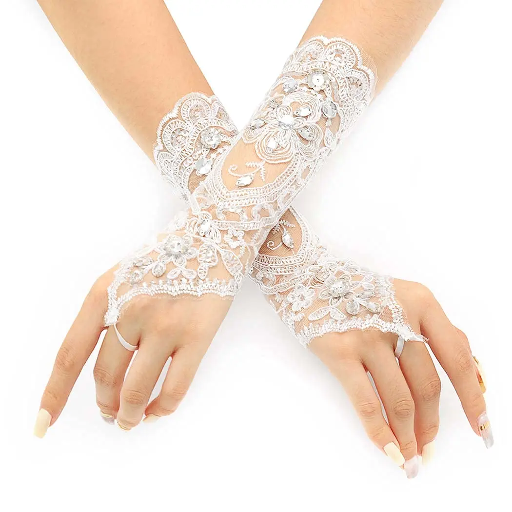 Noiva rendas casamento golves strass nupcial fingerless luvas floral curto laço luva baile de formatura festa para mulheres e meninas