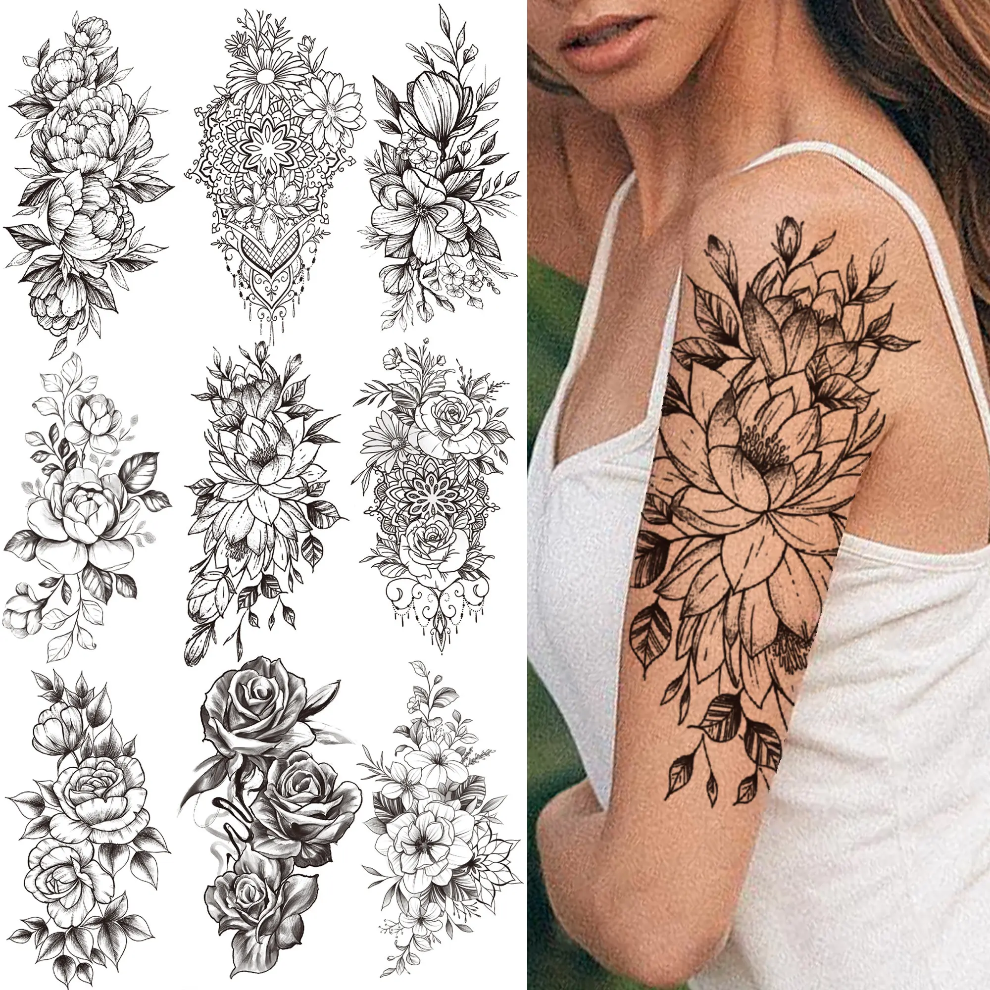 3D Peony Temporary Tattoos For Women Girls Realistic Fake Rose Orchid Flower Tattoo Sticker Black Body Art Drawing Tatoos Arm