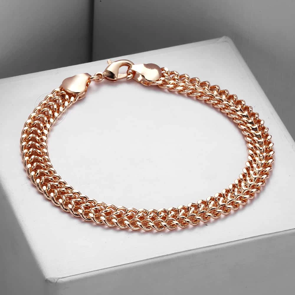 Davieslee Men Women\'s Jewelry Sets 585 Rose Gold Color Double Cuban Weaving Bismark Chain Bracelet Necklace Set Jewelry DCS04