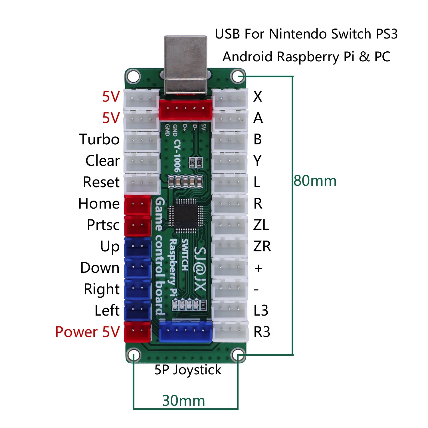 SJ@JX Arcade Game LED Controller Lamp USB Encoder Gamepad Light Button 4-8way Joystick for Nintendo Switch PC PS3 Raspberry Pi