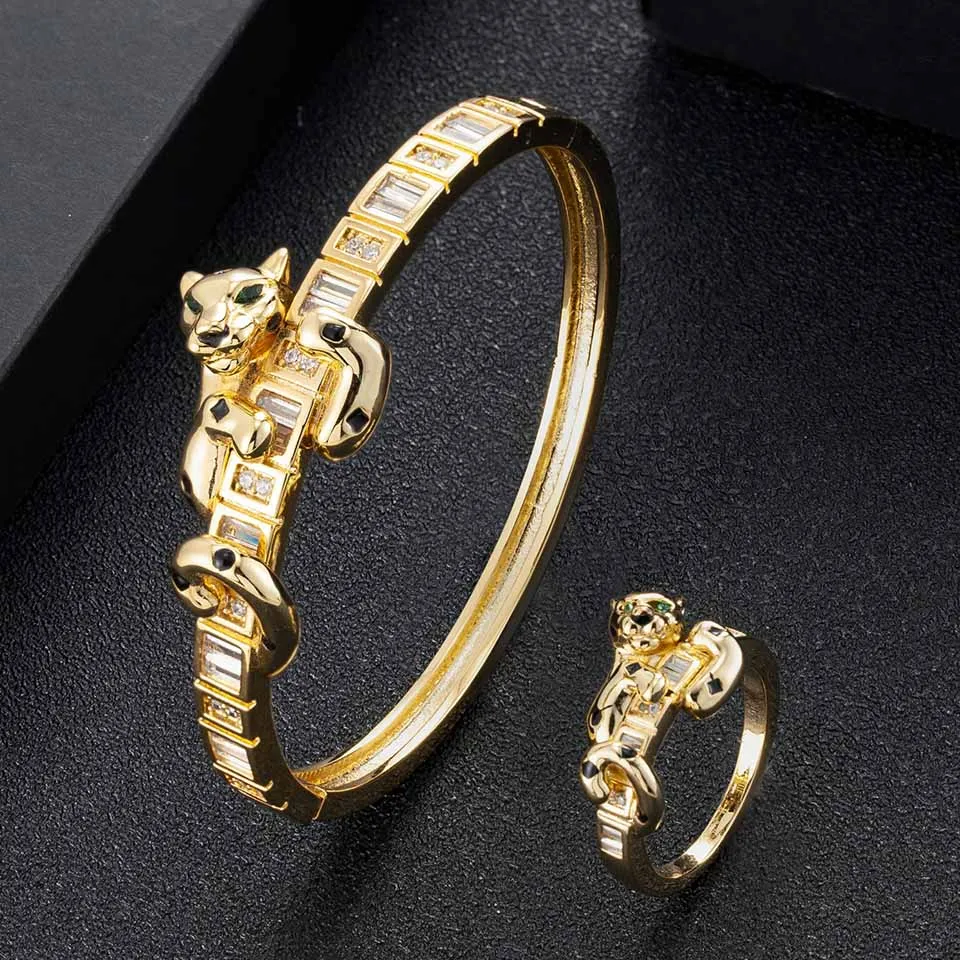 Zlxgirl jewelry Classic jet Enamel leopard shape women's wedding bangle and ring jewelry set Brand AAA cubic zircon bracelet VAZ