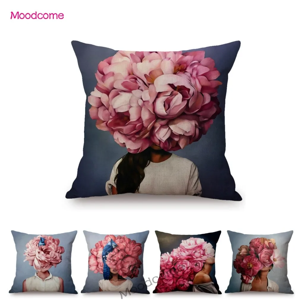 Abstract Fashion Concept Flower Head Girl Floral Art Cotton Linen Sofa Throw Pillow Case Home Decoration Art Chair Cushion Cover