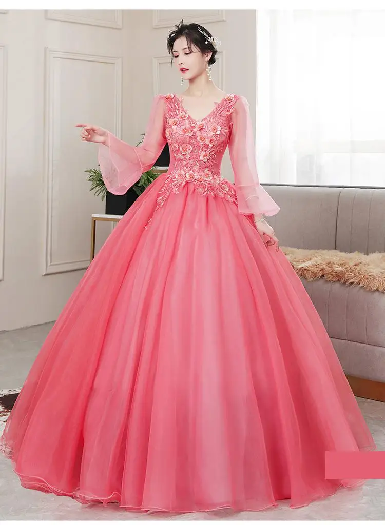 Quinceanera Dresses 2022 Vestidos The Party Prom V-neck Long Sleeve Ball Gown Luxury Lace Appliques Quinceanera Dress Host Dress