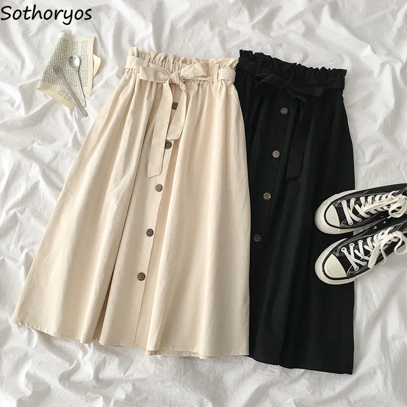 

High Waist Long Skirts Women A-line Sashes Preppy Teenagers Ruched Solid Spring Elegant Students Mid-calf Retro Harajuku Japan