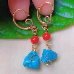 Natural Blue Turquoise red beads eardrop 18k gold Earrings Wedding Gift Diy Beautiful Freshwater New Jewelry