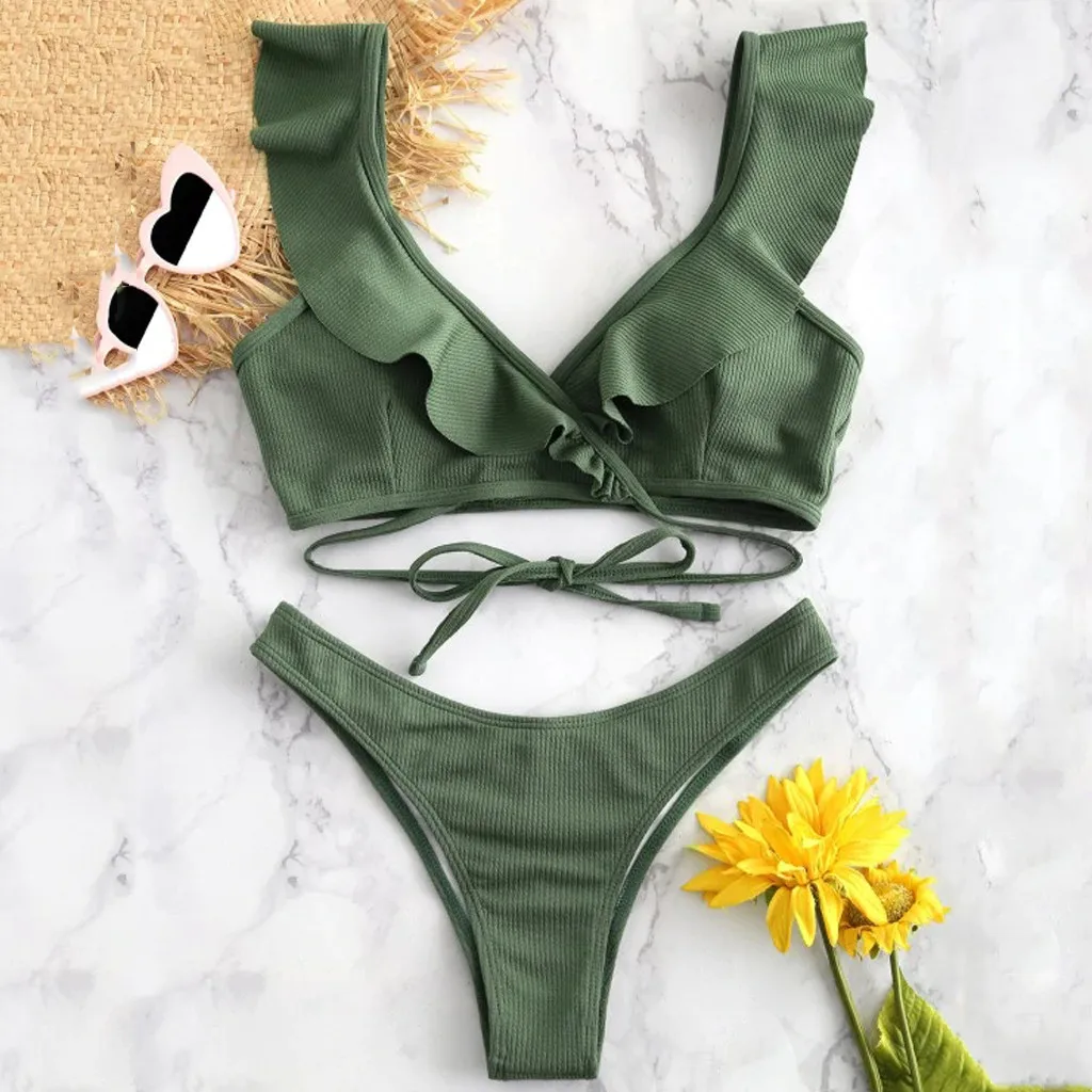 Solid Color Sexy Bikini Set Ruffled Padded Swimwear Women High Waist Bathing Suit Beachwear Brazilian Micro Thong Swimsuit P5