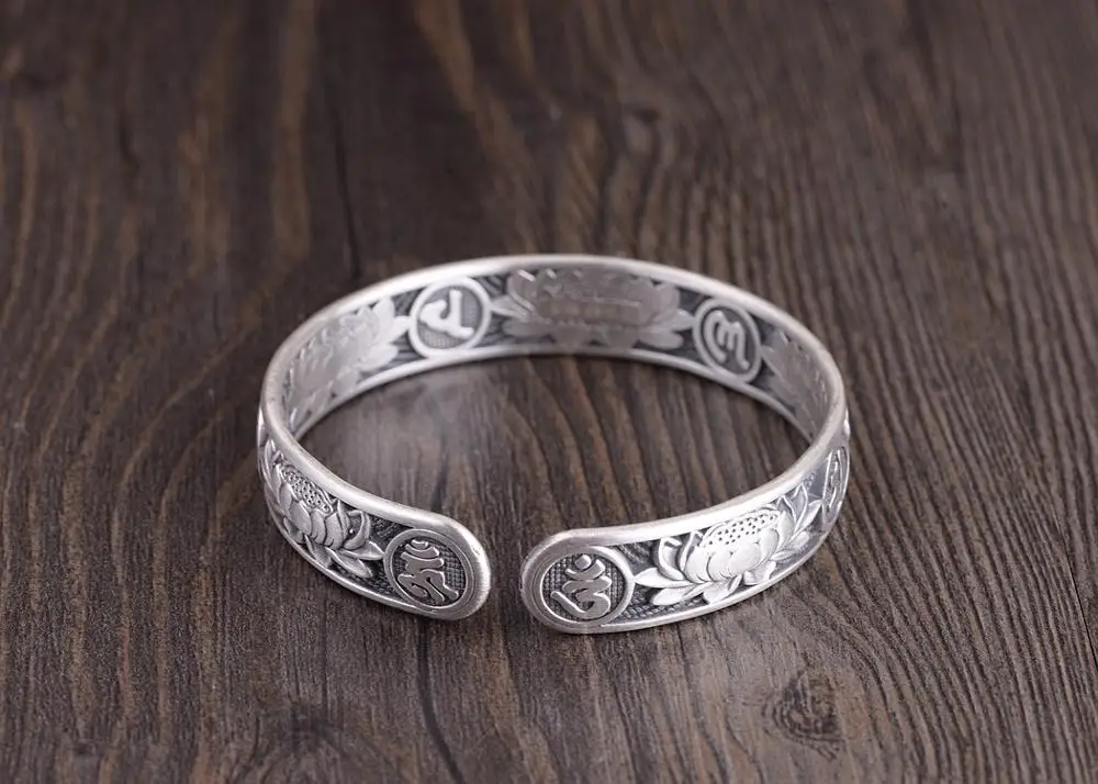 100% 999 Silver Tibetan Lotus Flower Bangle  Silver Tibetan Six Words Bangle Buddhist OM Mantra Heart Sutra Cuff Bracelet