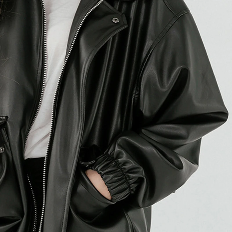 Lautaro Autumn Oversized leather jacket women long sleeve zipper turndown collar Loose black faux leather jackets for women 2021