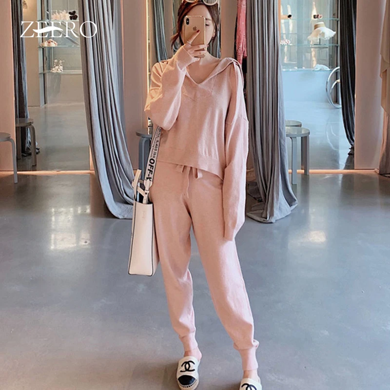  Spring Autumn Casual Loose Solid Color Knitting Two Piece Set Women Hooded Sweater Pullover Top +  Slim Fit Sweatpants Suit