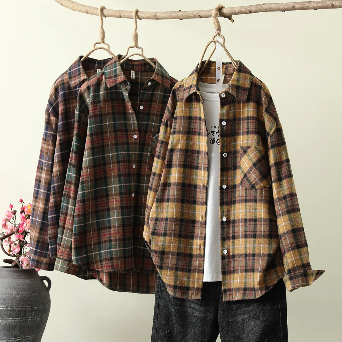 

Клетчатые рубашки с отворотами в Корейском стиле, свободная блузка, Женская универсальная Милая Студенческая одежда, модная повседневная к...