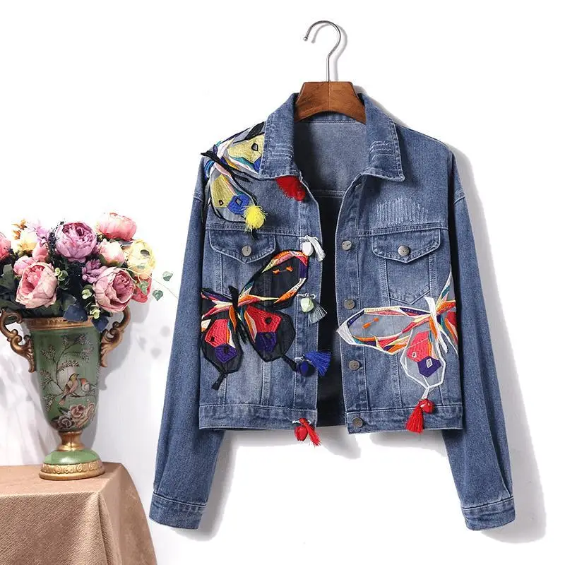 Embroidered Butterfly Denim Jacket Women Vintage Loose Jeans Outwear Personality Street Harajuku Casual Ladies Short Coat Tops