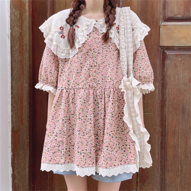 

Summer Vintage Floral Print Mori Girl Blouses Women Peter Pan Collar Lace Ruffle Chic Tops Pink Casual Cotton Linen Doll Shirts