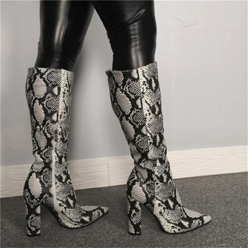 bota feminina snake skin print leather high heels botas knee high punk rain boots shoes woman pointy toe autumn winter chaussure