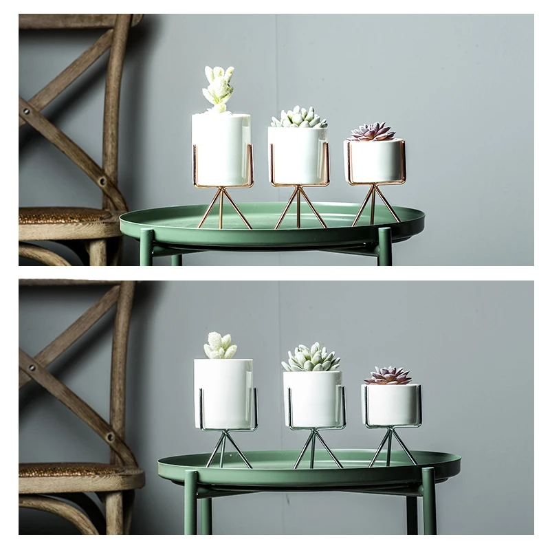 Set of 3 pcs Ceramic Flower Planters with Iron Rack for Succulent Plants Desktop Ceramic Flower Vase Home Garden Decoration