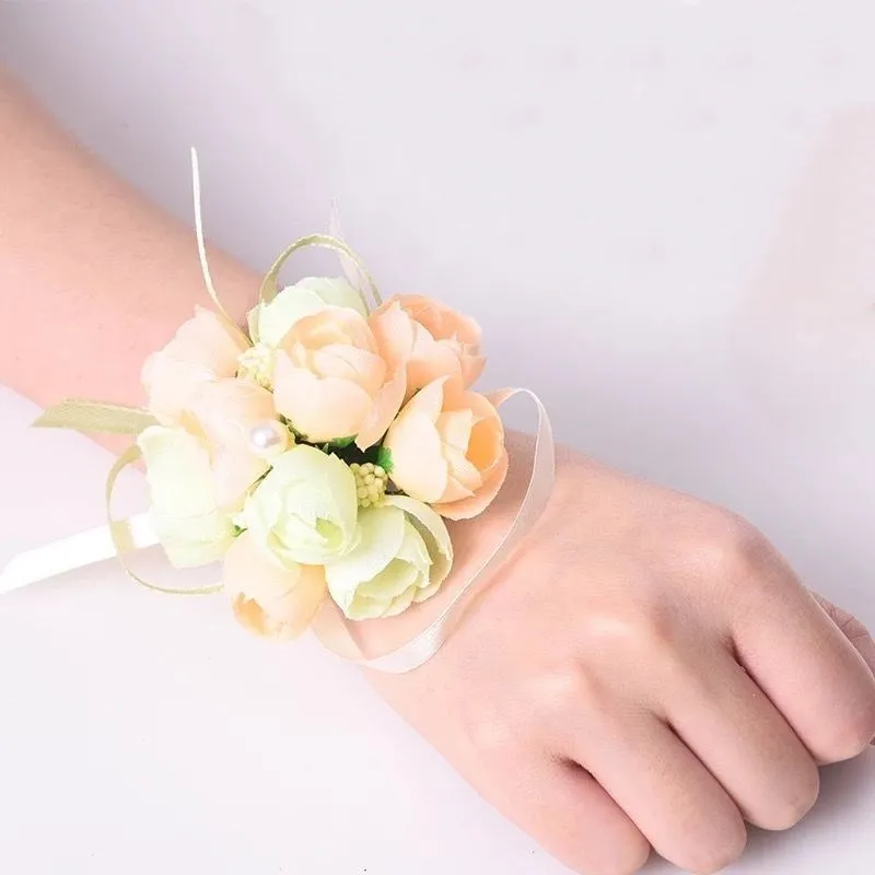 Silk Rose Wrist Flowers for Bridesmaids Pearls Corsage Bracelets Bride Wedding Marriage Women Girls Prom Party Dress Ornaments