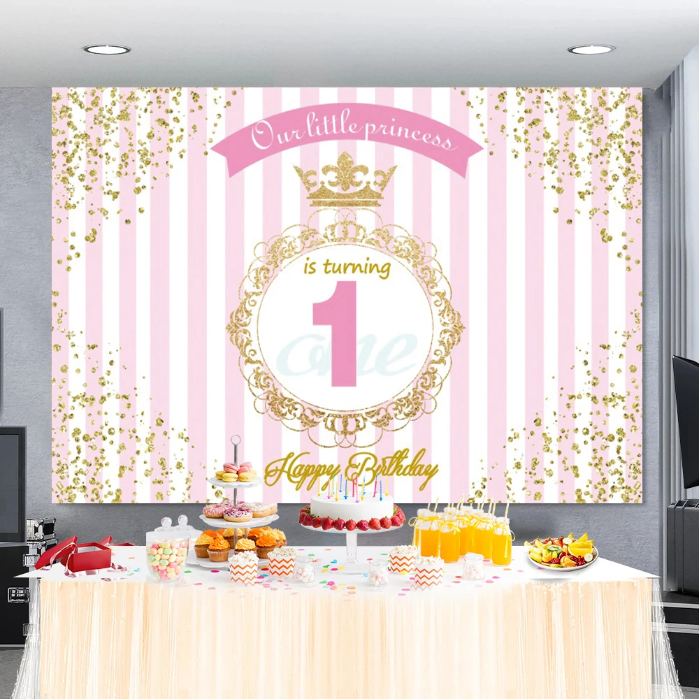 

Birthday Party Photography Backdrop Gold Crown Stripe Customized Banner Family Shoot Photo Background Photocall For Photo Studio