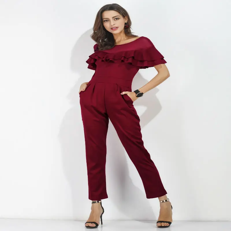 Fashion 2020 Lace patchwork strapless stretch women bodycon jumpsuits red black casual bodysuit evening club party pencil pants