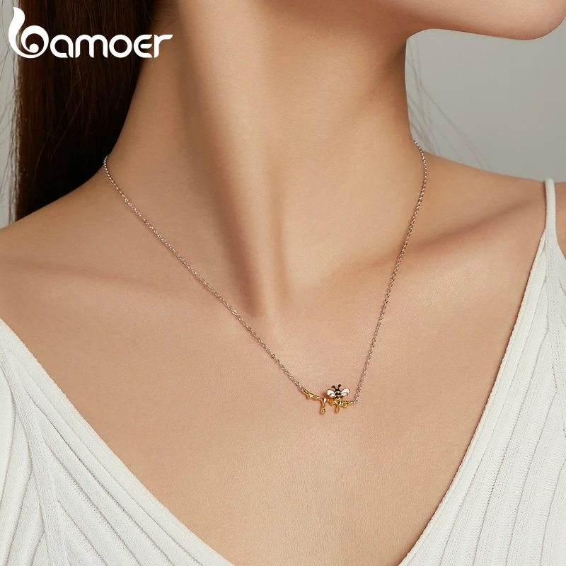 bamoer Authentic 925 Sterling Silver Enamel Lovely Honey Bee Necklace for Women Chain Link Necklaces Silver 925 Jewelry SCN460