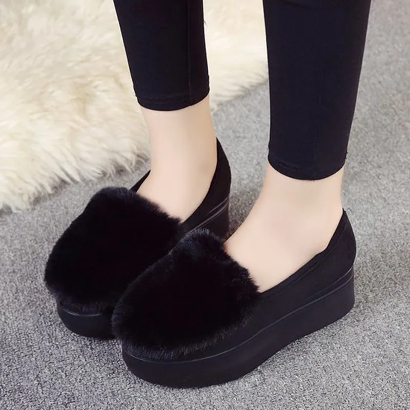 Zimowe buty damskie Loafers Plus Size Creepers Flat Platform Fleece Shoes Slip On Flat Fur Shoes For Female Moccasins 2019