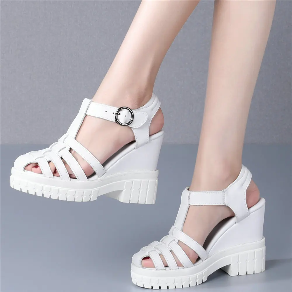 

New Pumps Shoes Women Ankle Strap Genuine Leather Wedges High Heel Gladiator Sandals Female Round Toe Oxfords Shoes Casual Shoes