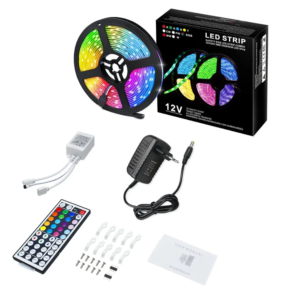 5m 12V DC 30Watt SMD5050-150 RGB LED strip light kit IP65 waterproof 44-key remote control Wireless IR remote