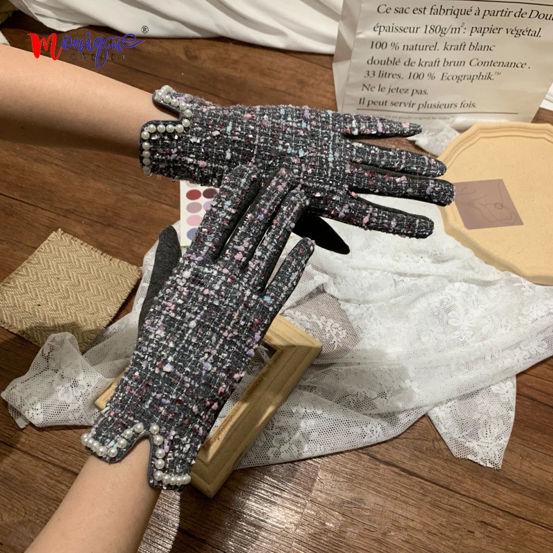 Brand Women's Winter Plus Velvet Thicken Warm Touch Screen Gloves Elegant Pearl Full Finger Cycling Driving Gloves