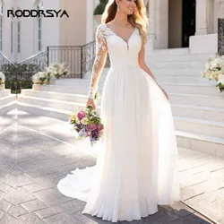 Vestidos De Novia De gasa con cuello en V, manga larga, espalda abierta, blanco, Apliques De encaje, línea A