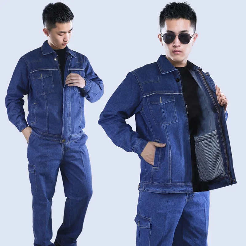 Welding clothing set for men women denim worker uniform long sleeves reflective Machine welder repairmen factory work coveralls