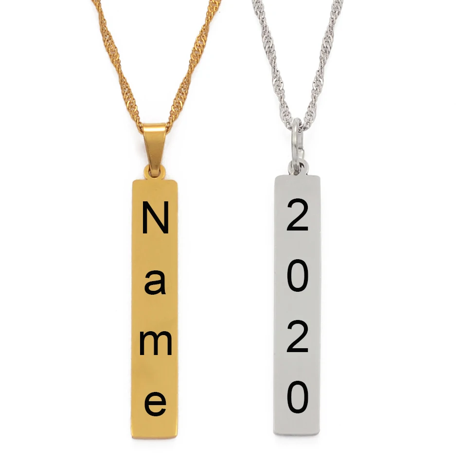 Anniyo Customize Name Letters Pendant Long Bar Necklaces,Personalized Print Date of Birth/Time or Your Idea Jewelry #108821