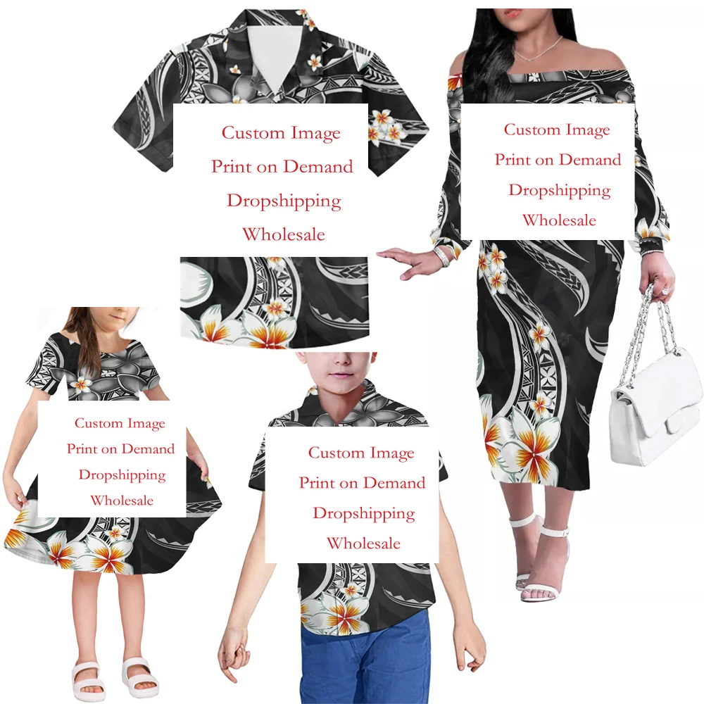 Women Dress Custom Hibiscus Polynesian Tribal tattoo Design Family Set Clothes Adult Children\'s Clothing 4-piece Sets