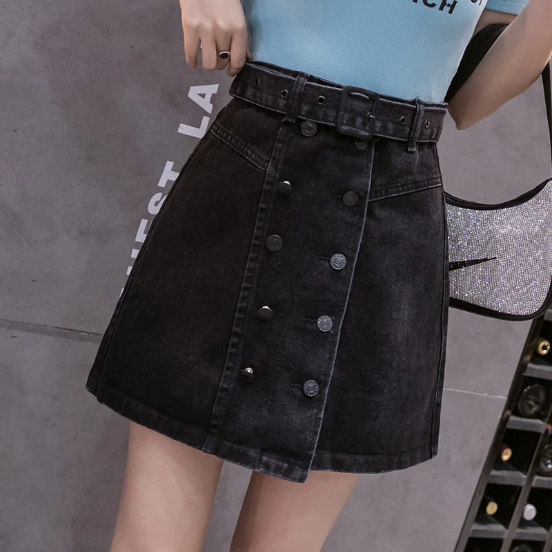 REALEFT Spring Summer 2021 New Women Denim Wrap Skirts with Belted Double Breasted Blue High Waist Chic A-Line Skirts Female