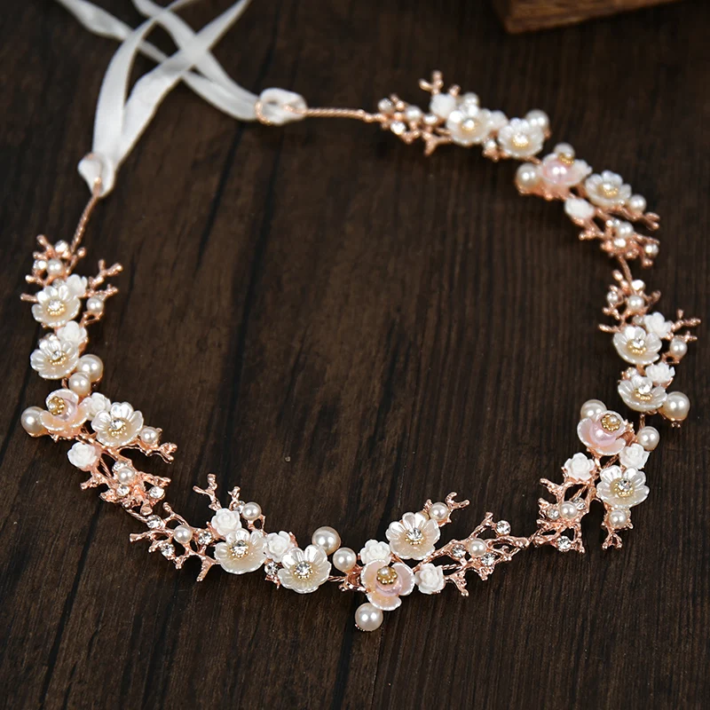 Wedding Handmade Shell Flower Crystal Immitate Pearl Headband Brides Tiara Headdress Tocado Novia Bride Hair Accessories