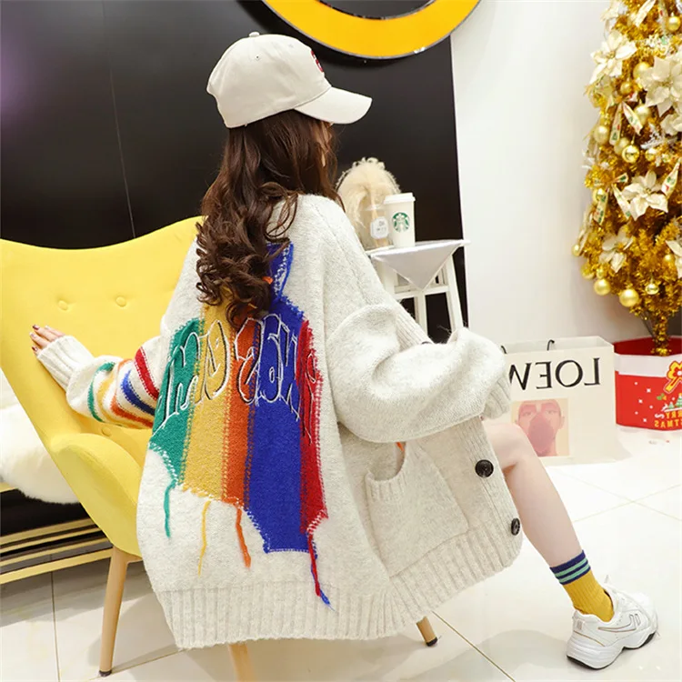 European Station V-neck Contrast Color Thick Thread Twist Sweater Jacket Female Spring And Autumn Art Knit Cardigan Outer Wear