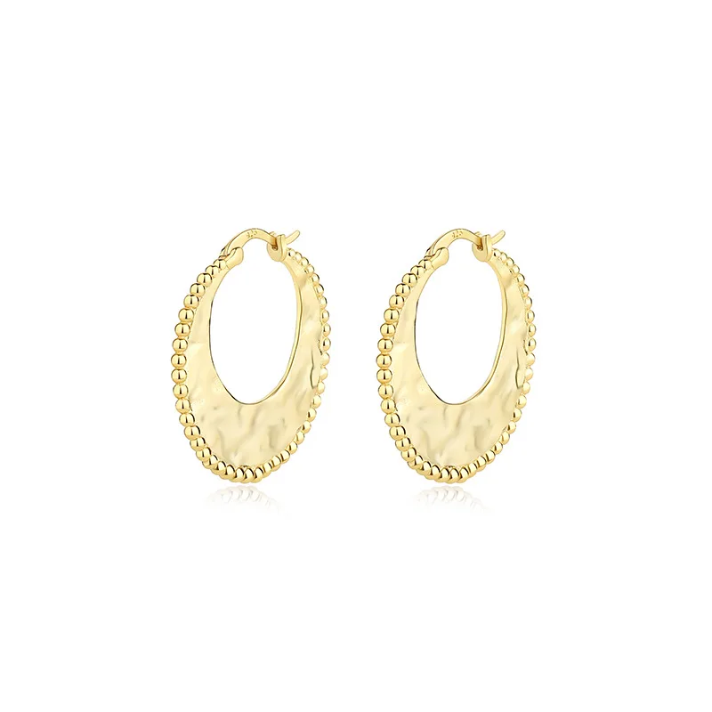 28mm 100%  925 Sterling silver Irregular Texture Circle & Beads Pattern Piercing Hoop Huggie earring Jewelry C-E2312