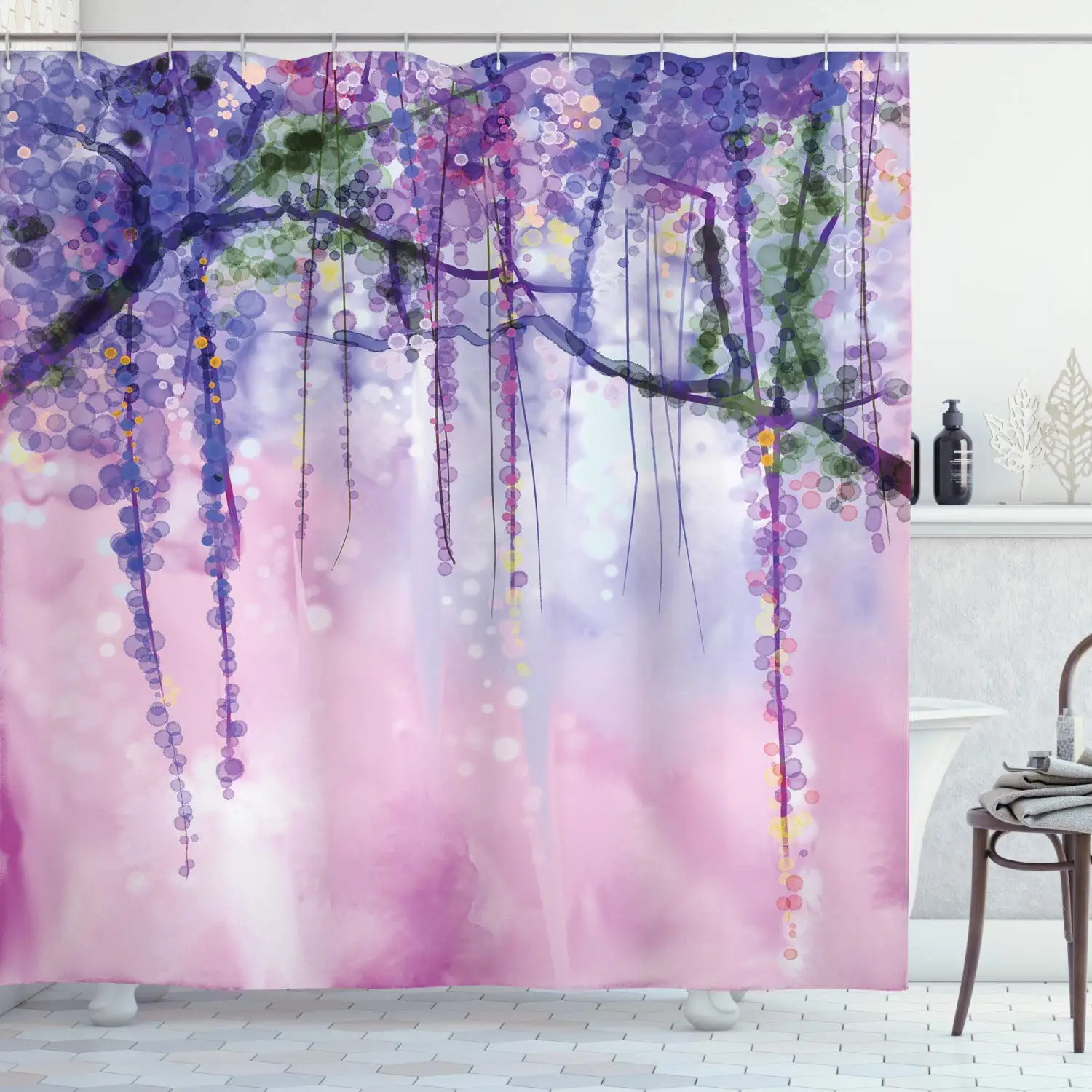 Wisteria Flowers Tree Blurred Design Polyester Fabric Bathroom Shower Curtain Navy Lilac Aubergine Blue Violet