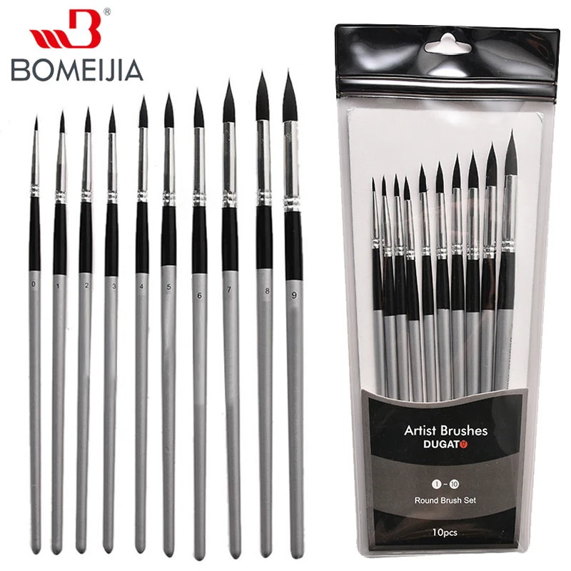 10pcs Round Paint Brush Set Pointed Tip Soft Black Hair Artist Brush for Water Color Acrylic Ink Gouache Oil Tempera Paint