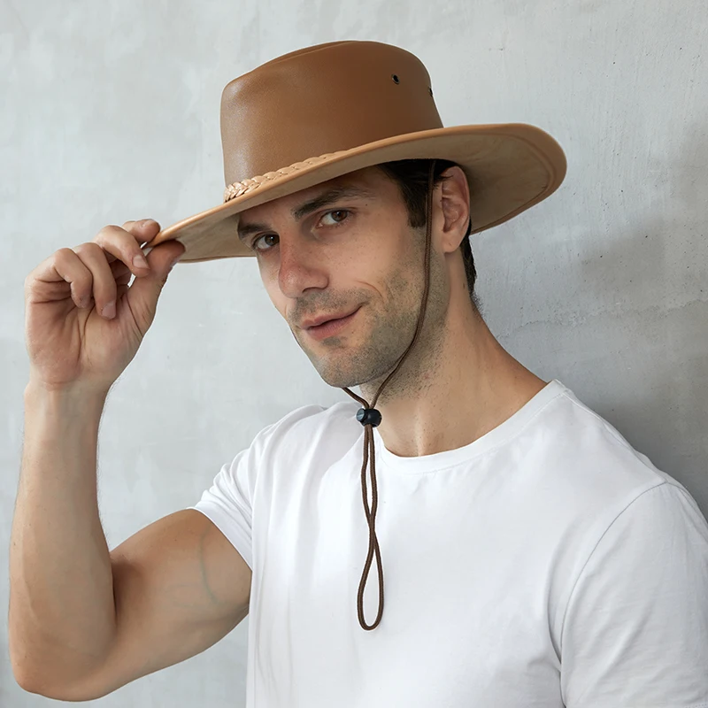 Retro Summer Large 59CM Size Single Layer Leather Casual Men Wide Brim Beach Cowboy Cowgirl Western Sun Protection Hat