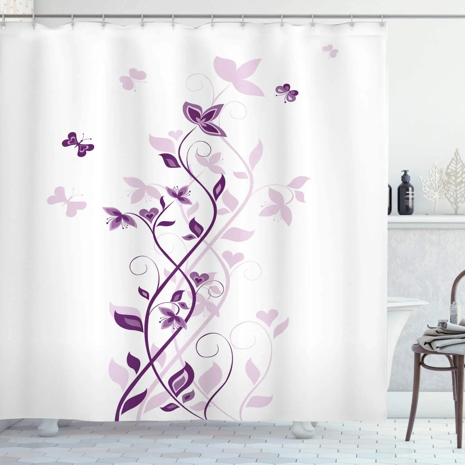 Purple Shower Curtain Violet Tree Swirling Persian Lilac Blooms with Butterfly Ornamental Plant Graphic Bathroom Decor Set