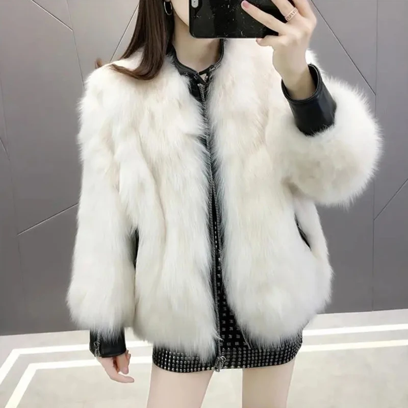 Novel Winter Fur Coat Women's Faux Fox Fur PU Leather Thick Plush Coat Elegant Thick Warm Outerwear Fake Fur Jacket Chaquet