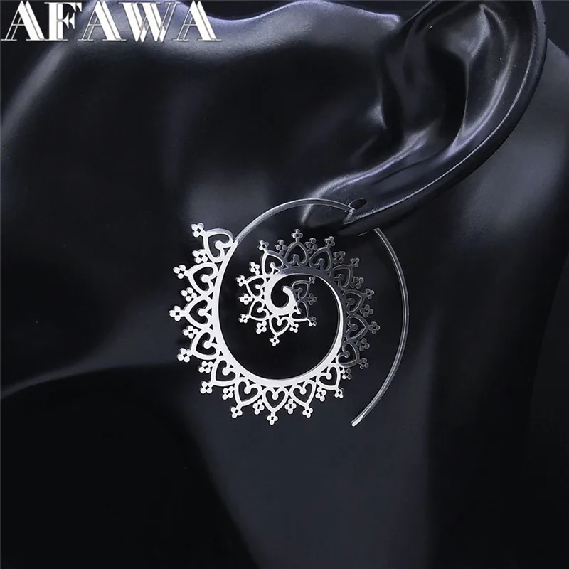 Indian Hoop Stainless Steel Mandala Openwork Flower Tribal Ethnic Earrings Bohemian Ornaments Earrings Women Jewelry E8954S01