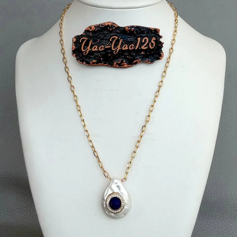 Kkgem الطبيعي مثقف 21x28 مللي متر الأبيض عملة المياه العذبة اللؤلؤ تشيكوسلوفاكيا تمهيد الأزرق اللازورد الذهب اللون مطلي حلية سلسلة قلادة 17"