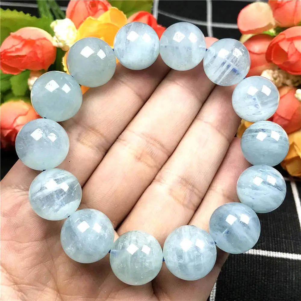 

15mm Genuine Natural Blue Aquamarine Bracelet For Woman Man Love Gift Crystal Round Beads Stretch Stone Fashion Jewelry AAAAA
