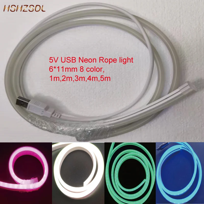 Puerto USB de 5V, 6x11mm(W x H), iluminación LED flexible, luz de neón 2835 SMD, 120LED/M, superficie de color, tira de luz LED resistente al agua