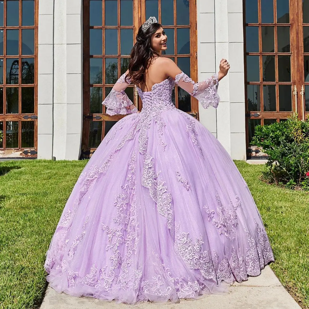 أرجواني تول vestidos دي 15 أنوس 2019 طويل الأكمام منتفخ الدانتيل يزين Quinceanera اللباس الأشرطة الحلو 15 اللباس طويل الحفلة الراقصة