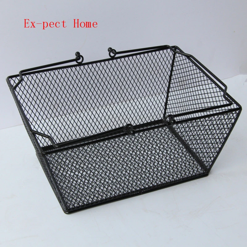 50pcs Black Cosmetics Storage Baskets Hollowed Out Design Skep With Handle Iron Wire Mesh Shopping Basket